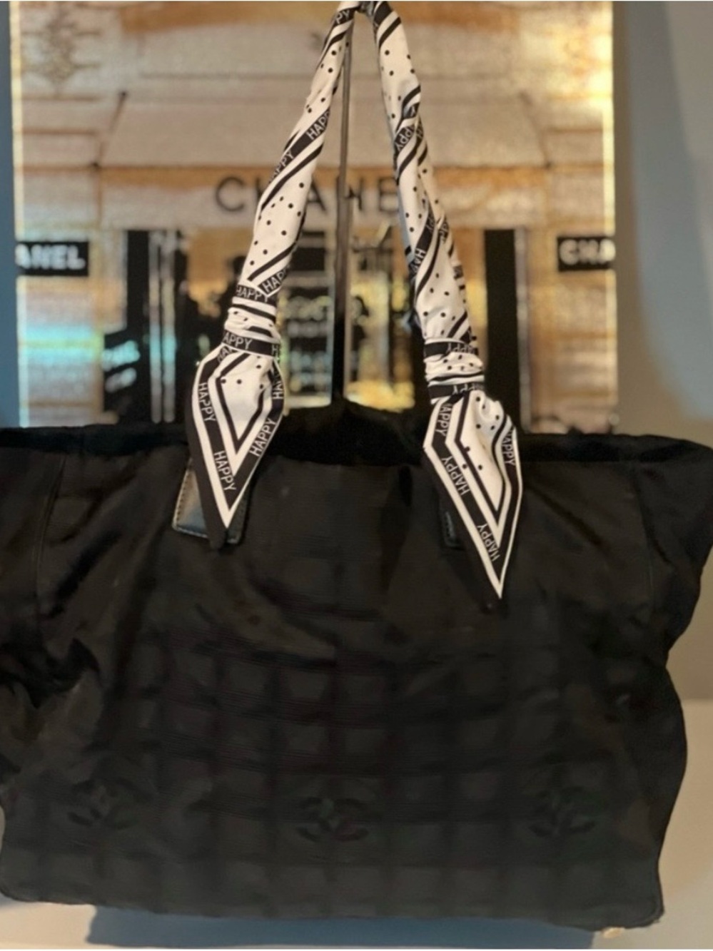Chanel Black Quilted Tote Bag with Patterned Scarf Handles